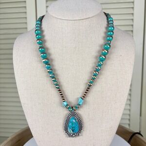 Boho Artisan Navajo Pearl Copper Turquoise Blue Necklace Beaded Teardrop Pendant